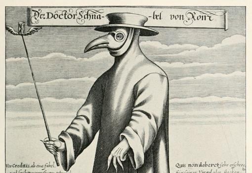 Grabado que muestra la vestimenta de los doctores que asistían a los apestados