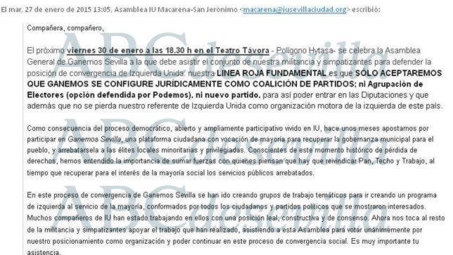 El correo electrónico difundido por Izquierda Unida entre sus militantes para que voten en bloque que Podemos Sevilla sea una coalición de partidos