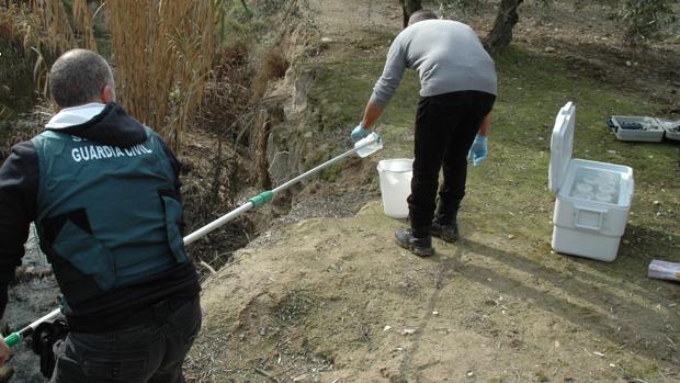 Agentes de la Guardia Civil toman muestras del vertido de El Tejar para su investigación