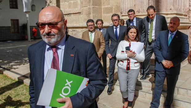 El portavoz de Vox, Alejandro Hernández (i), seguido por los diputados del grupo, abandonan la sesión de control al Ejecutivo en el Parlamento de Andalucía en Sevilla