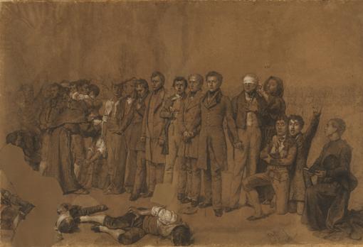 «Fusilamiento de Torrijos y sus compañeros en las playas de Málaga», boceto de Antonio Gisbert. Carboncillo, lápiz y clarión sobre papel, 133 por 82 centímetros, 1886 o 1887