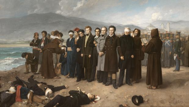 «Fusilamiento de Torrijos y sus compañeros en las playas de Málaga», de Antonio Gisbert. Óleo sobre lienzo, 390 por 601 centímetros, 1888