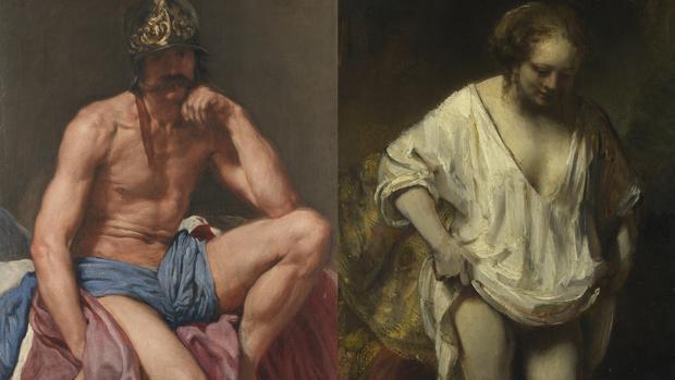 A la izquierda, «Marte», de Velázquez (Museo del Prado). A la derecha, «Mujer bañándose en un arroyo», de Rembrandt (National Gallery, Londres). Detalles