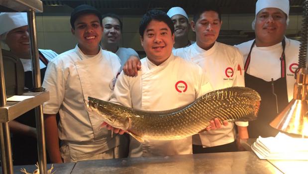 Mitsuharu Tsumura, con un paiche de criadero fresco
